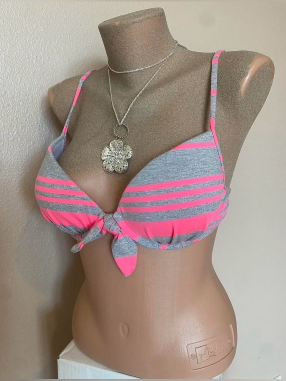 Y2k Hot Pink & Grey Striped Bikini Top with Push Up Padding